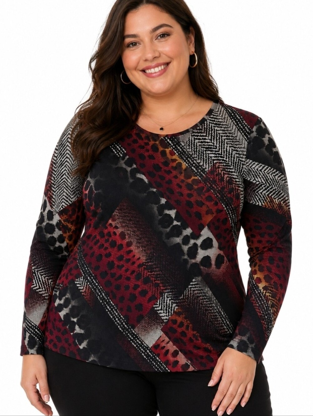 N Touch Women's Vibrant Pink Black Animal Print Pullover Long Sleeve Top